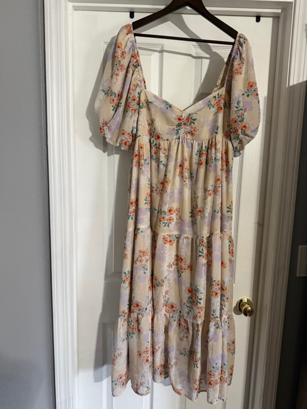 Floral Puff Sleeve Midi Dress in Cream with Orange & Lavender